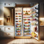 A clean and organized refrigerator with labeled containers and fresh produce, set in a modern kitchen.