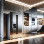 A modern kitchen with a sleek, stainless steel combination fridge-freezer, surrounded by stylish cabinets and natural lighting.