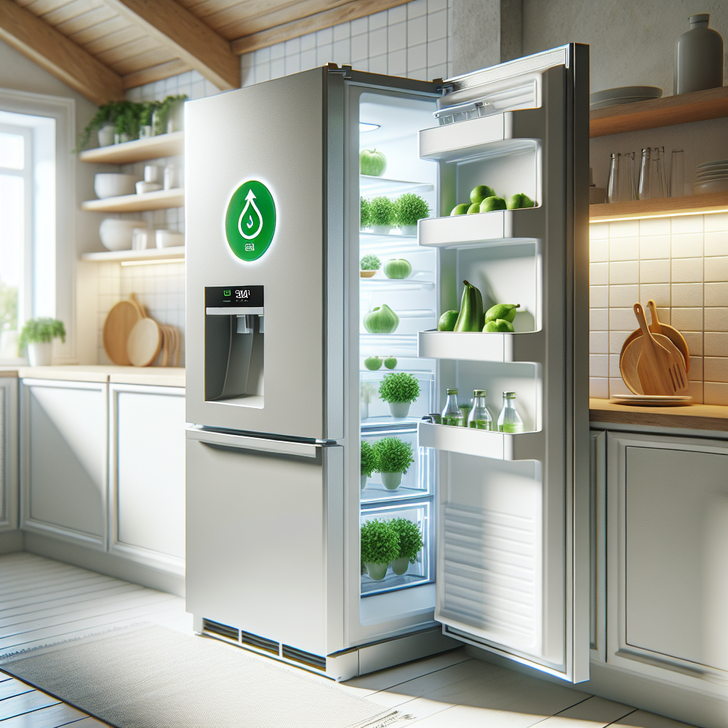 Et moderne, energieffektivt kjøleskap i et lyst nordisk kjøkken, med grønne ikoner for lavt energiforbruk, åpen dør som viser ryddige hyller og naturlig dagslys.