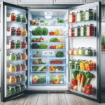 Oversiktlig åpent kjøleskap med merkede glassbeholdere, fargerike grønnsaker, temperaturskjerm og et rent, organisert interiør som viser bærekraftig lagring