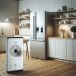 Moderne kjøkken med et smart kjøleskap med åpen dør, synlige hyller, innebygde kameraer og en smarttelefon som viser appgrensesnitt, lys og rent design