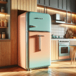 Pastellfarget retro kjøleskap i moderne kjøkken, varm belysning, detaljer av kromhåndtak og treverk, høy oppløsning