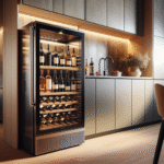 Et stilig vinkjøleskap i et moderne kjøkkeninteriør, med glassdør som viser flasker i to soner, mykt varmt lys og naturlig estetikk