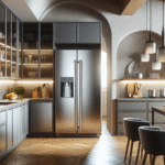 Moderne kjøkken med et stilrent side-by-side kjøleskap i rustfritt stål, godt opplyst, åpent interiør, fokus på dører og hyller, realistisk fotografisk stil