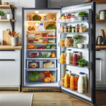 Moderne kjøkkeninteriør med åpent kjøleskap, ryddige hyller, merket mat i gjennomsiktige beholdere og et termometer synlig i kjøleskapet