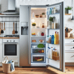 Moderne kjøleskap med åpen dør, ryddige hyller, rengjøringsutstyr og verktøy på et lyst nordisk kjøkken